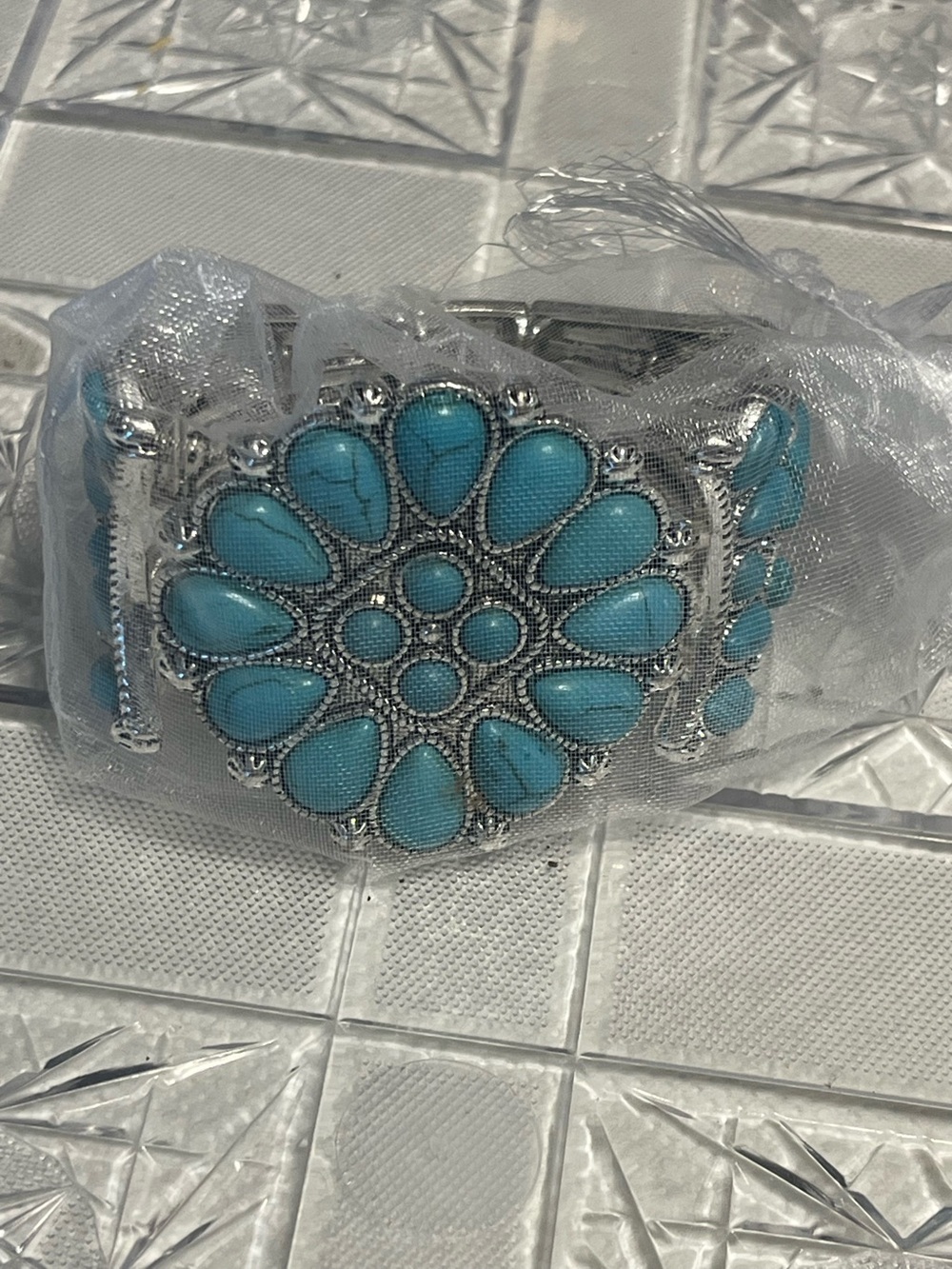 Plunder dyed blue Howilite Floral Cluster Cuff Bracelet.